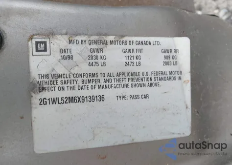 1999 Chevrolet Lumina из США, поврежденный, VIN 2G1WL52M6X9139136